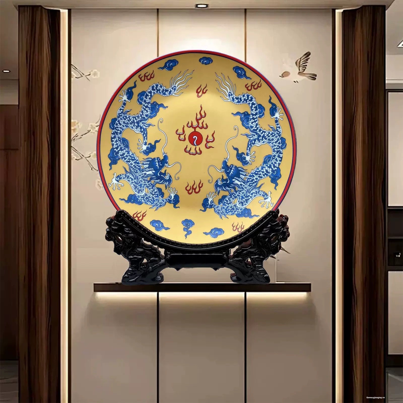Đĩa sứ song long tranh châu 36 cm