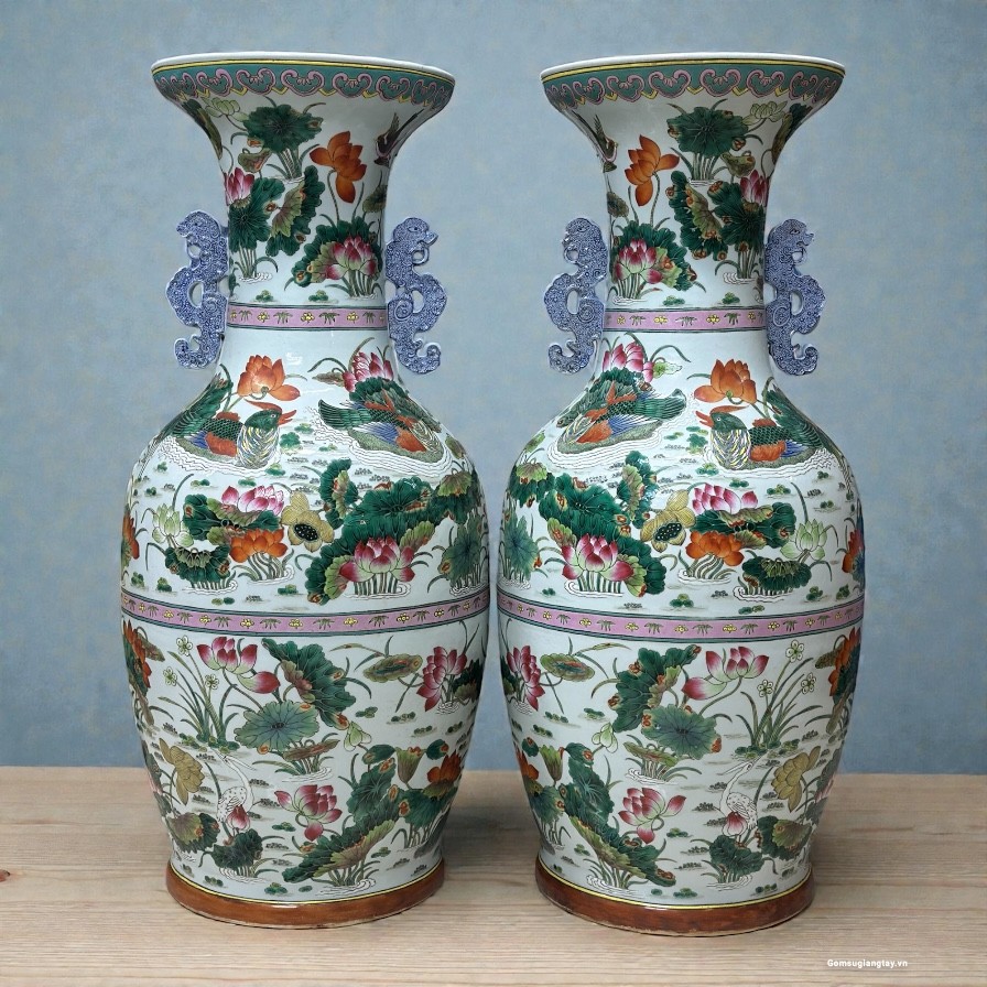 Đôi lục bình vẽ sen vịt cũ cao 90